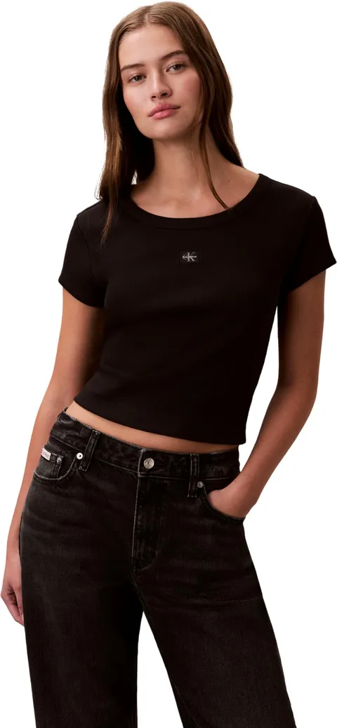 Calvin Klein Donna T-Shirt Maniche Corte Woven Label Rib Baby Tee con Scollo Rotondo