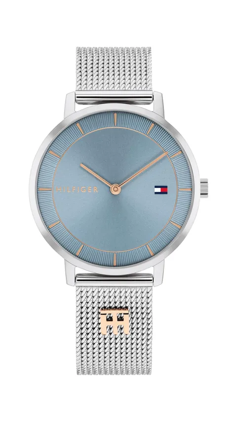 Tommy Hilfiger Orologio Con Movimento Al Quarzo A Due Lancette da Donna con Cinturino in Maglia Metallica in Acciaio Inossidabile Argentato - 1782738, Light Blue