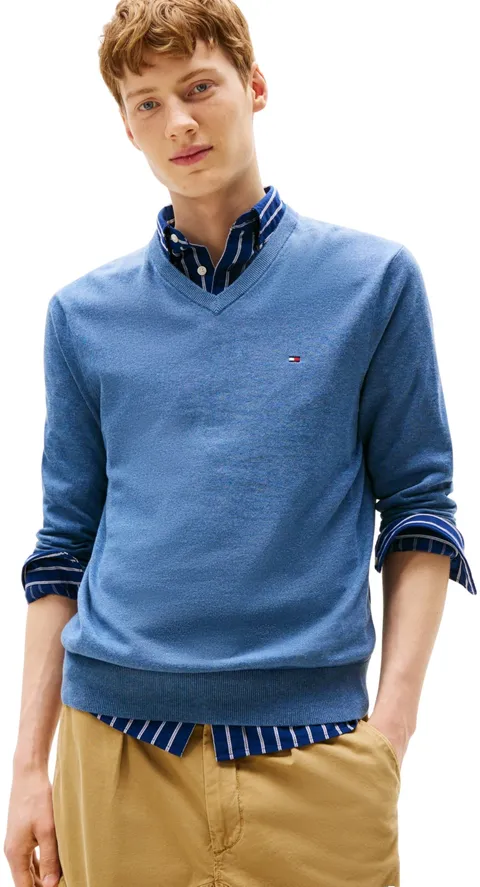 Tommy Hilfiger Uomo Pullover Essential Cotton Scollo a V, Blu (Petrol Blue Heather), XXXL