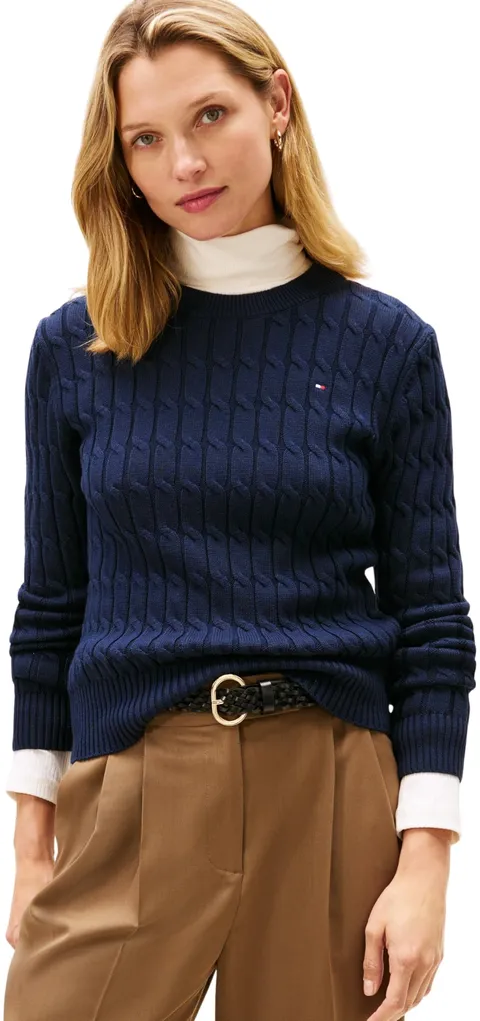 Tommy Hilfiger Donna Pullover Cable in Cotone, Blu (Dark Night Navy), XXL