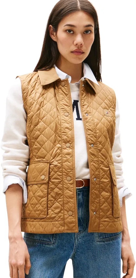 Tommy Hilfiger Donna Gilet Padded Nylon Slim Quilted Imbottito, Marrone (Hickory), XL