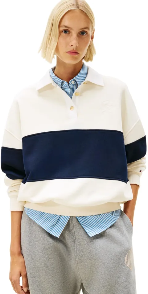 Tommy Hilfiger Donna Felpa Gold BTN Rugby Fleece Swtsrt con Chiusura a Bottoni, Beige