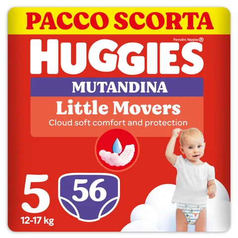 Pannolini Huggies Little Movers Mutandine Taglia 5 (12-17 Kg), Ultra assorbenti, Protezione completa, Pacco Scorta, 56 Pz