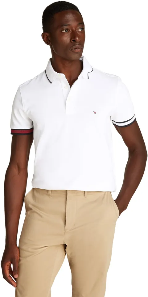 Tommy Hilfiger Uomo Maglietta Polo Maniche Corte Flag Cuff Slim Fit, Bianco (White), S