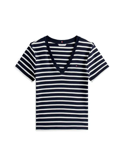 Tommy Hilfiger Donna T-Shirt Maniche Corte New Slim Cody con Scollo a V, Multicolore (NOS Breton Desert Sky/Ecru), S