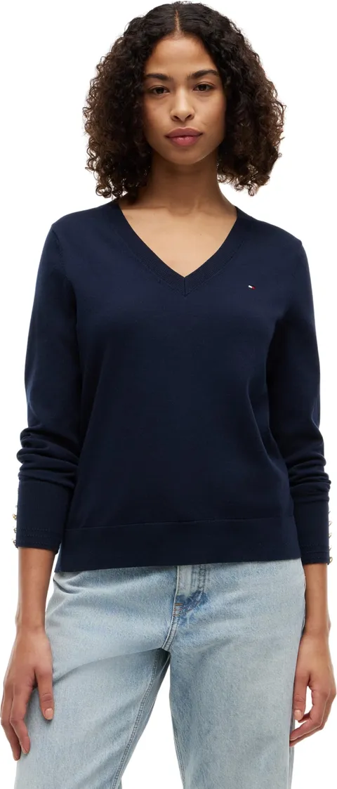 Tommy Hilfiger Maglione da Donna Co Jersey Stitch V-Nk Ww0Ww40098 Pullover Maglione, Blu (Dark Night Navy), XL