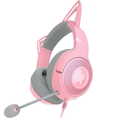 Razer Kraken Kitty V2 - Auriculares RGB por cable con orejas de gatito (Iluminación reactiva al streaming, Micrófono cardioide HyperClear, Diafragmas de 40mm TriForce, Sonido envolvente) Quartz