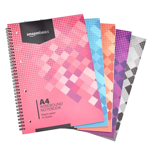 Amazon Basics Quaderno con rilegatura a spirale, colori assortiti, 70 fogli/140 pagine
