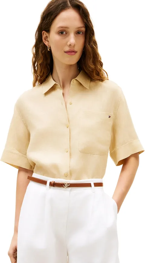 Tommy Hilfiger Donna Camicia Linen Relaxed Fit, Beige (Harvest Wheat), S
