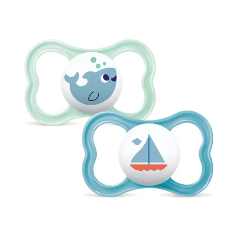 MAM Air Succhietto 16+ Mesi (Set da 2), Ciuccio MAM 16-36 mesi per pelli sensibili e delicate, Kit da 2 accessori neonato con tettarella in silicone e porta ciuccio sterilizzatore, Azzurro/Celeste