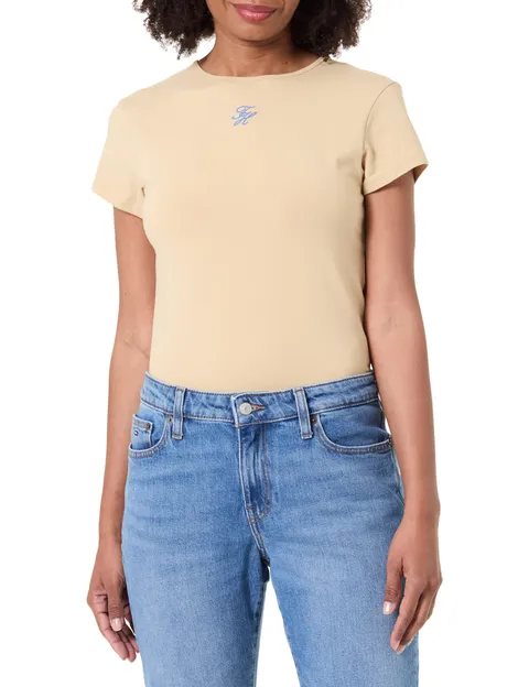 Tommy Hilfiger TH Script Slim SS Tee Ww0ww48710 Maglietta S/S, Beige (Harvest Wheat), XS Donna