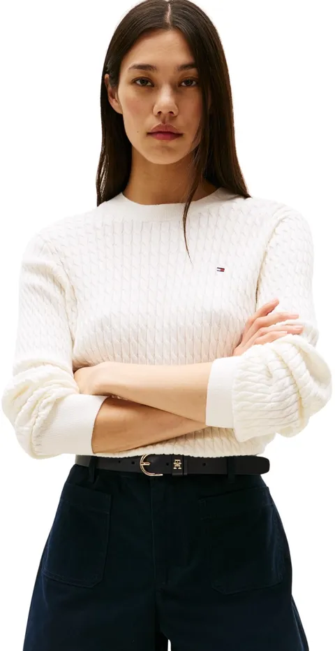 Tommy Hilfiger Donna Pullover Cable Fine Motivo a Trecce, Bianco (Ivory Silk), XXXL