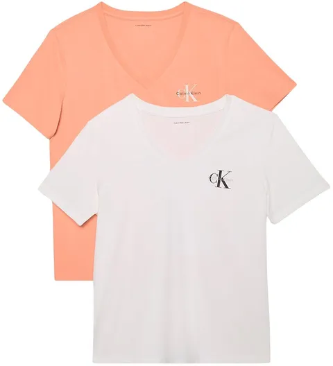 Calvin Klein Donna T-Shirt Maniche Corte Confezione da 2 Logo Tee con Scollo a V, Multicolore (Just Peach/Brilliant White), XL