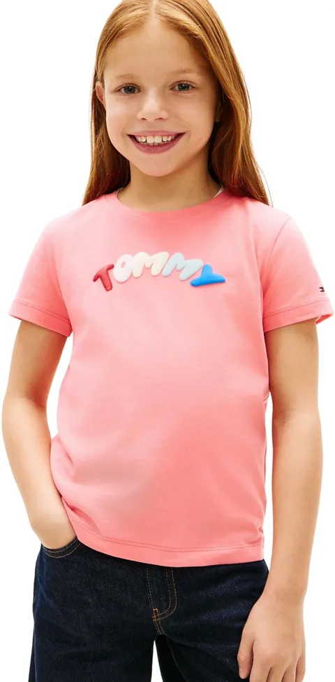 Tommy Hilfiger Bambina T-Shirt Maniche Corte Puff Print in Cotone, Rosa (Tropical Blush)