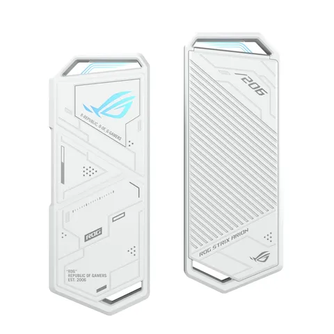 ASUS ROG Strix Arion - Custodia per SSD, USB-C 3.2 Gen 2, Velocità fino a 10Gbps, Supporto M.2 PCIe NVM Express, Scocca in Lega di Alluminio, Facile Installazione senza Cacciavite, Aura Sync, Bianco