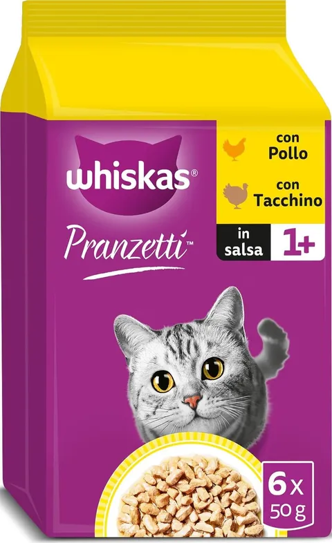 WHISKAS PRANZETTI Cibo Umido in Salsa per Gatti Adulti 6x50g Pollame, confezione da 12