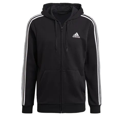 adidas Uomo Essential Three Stripes Fleece Zipper Hoodie Sweatshirt, Black/White, XS