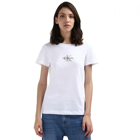 Calvin Klein Jeans T-Shirt Maniche Corte Donna Monologo Slim Scollo Rotondo, Bianco