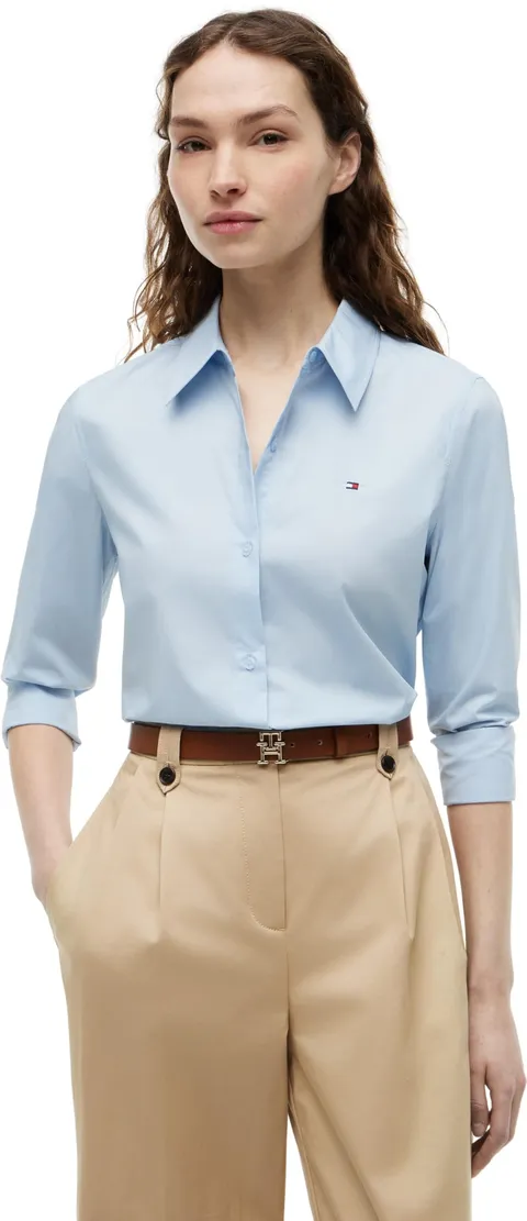 Tommy Hilfiger Donna Camicia Poplin Regular con Colletto a Punta, Blu (Breezy Blue), 44