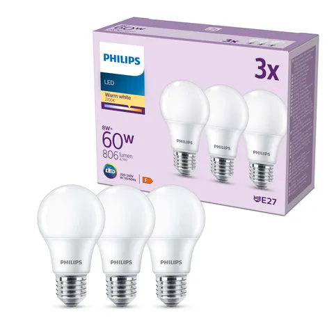 Philips LED E27, confezione da 3 lampadine, equivalente a 60 W, lampadine LED