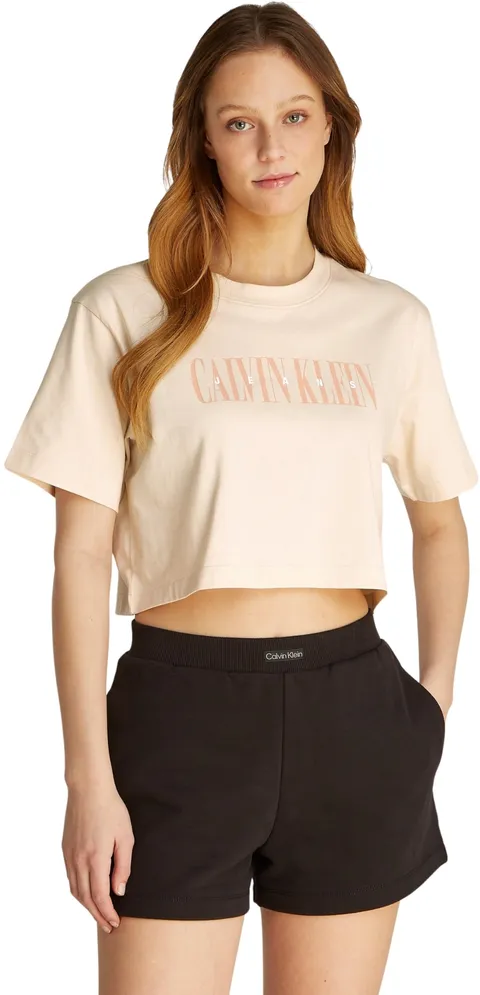 Calvin Klein Donna T-Shirt Maniche Corte Varsity Boxy Tee Cropped, Beige (Brazilian