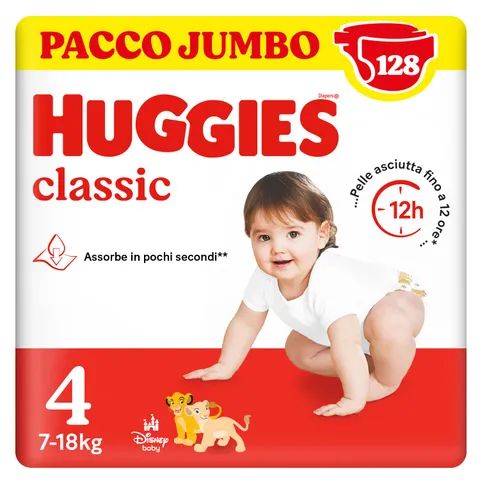 Huggies Classic, Pannolini Taglia 4 (7-14Kg), Protezione completa, Pacco Jumbo, 128 Pz