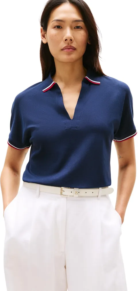 Tommy Hilfiger Donna Maglietta Polo Maniche Corte Lyocell Tipping Open Senza Bottoni, Blu