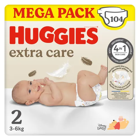 Huggies Extra Care Bebe, Pannolini Taglia 2 (3-6Kg), Ultra assorbente, Design Disney