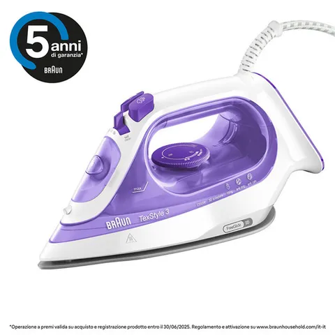 Braun TexStyle3 SI3042VI Ferro da Stiro a Vapore, 5 Anni di Assistenza, Piastra in