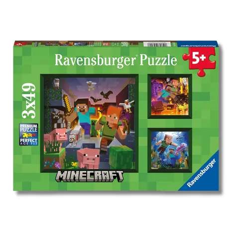 Ravensburger - Puzzle Bambini 5 Anni 3x49 Pezzi, Minecraft - Puzzle 5 Anni, Collezione