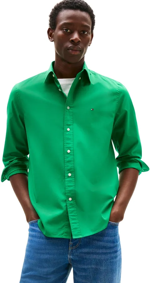 Tommy Hilfiger Uomo Camicia Flex Poplin Solid Regular Fit, Verde (Olympic Green), M