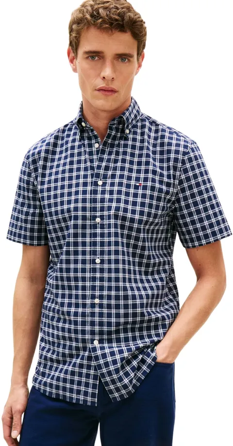 Tommy Hilfiger Camicia da Uomo Flex Popeline Check SS RF MW0MW42437 S/S, Blu, M
