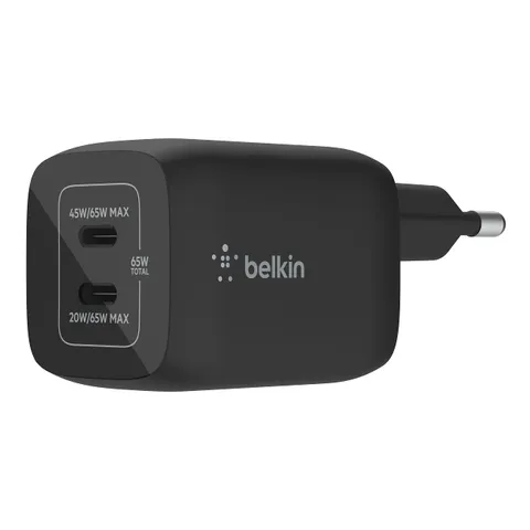 Belkin Doppio caricabatteria da parete USB-C da 65 W, ricarica rapida PD 3.0, caricatore