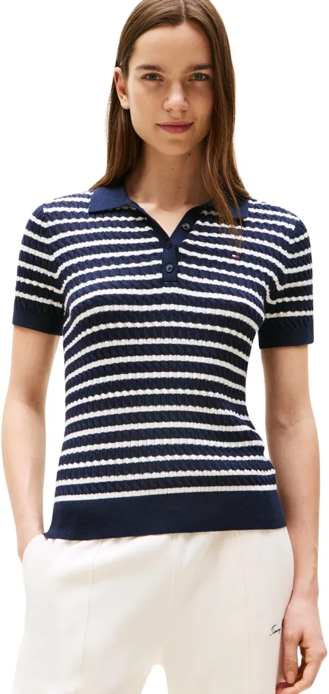 Tommy Hilfiger Donna Maglietta Polo Maniche Corte Cable Sweater con Chiusura a Bottoni, Multicolore (Dark Night Navy/Ivory Silk STP), XS