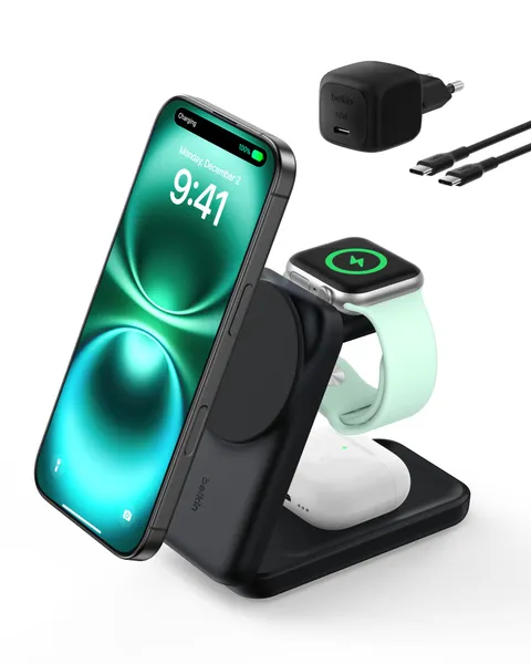 Belkin UltraCharge Caricatore Wireless Magnetico Qi2, Stazione di Ricarica 3 in 1 25W