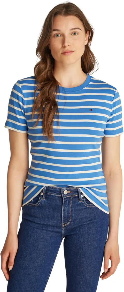 Tommy Hilfiger Donna T-Shirt Maniche Corte Slim Cody Scollo Rotondo, Multicolore (Fine