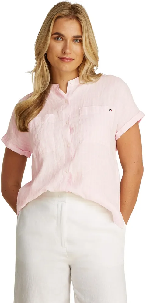 Tommy Hilfiger Donna Blusa Linen Collarless Maniche Corte, Multicolore (Foggy Pink STP)