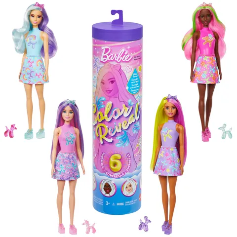 Barbie - Color Reveal Serie Baloon Animals, Bambola Effetto Cambia Colore con 6 Accessori