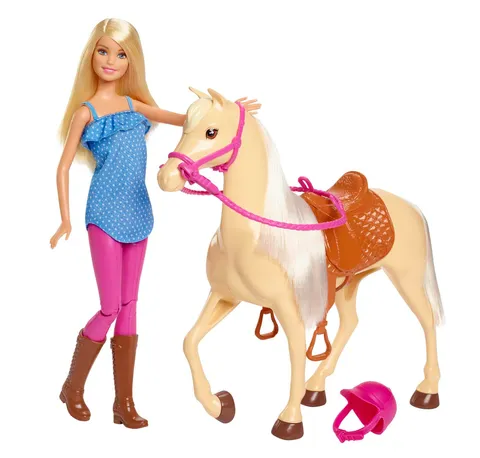 Barbie - Playset Bambola e Cavallo, include una Barbie snodata bionda con il caschetto e