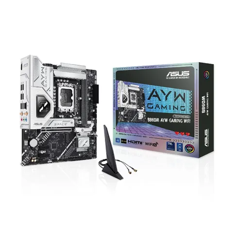 ASUS B860M AYW GAMING WIFI, Scheda Madre Intel mATX, Socket LGA 1851, Slot DDR5, PCIe 4.0, Due Slot M.2, WIFI 6, Ethernet Realtek 2.5Gb, HDMI, SATA 6Gbps, Porta Posteriore USB da 10Gbps, Aura Sync