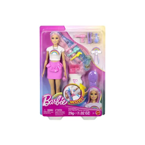 Barbie - Capelli Arcobaleno, bambola dai capelli extra lunghi e colorati, 12 accessori
