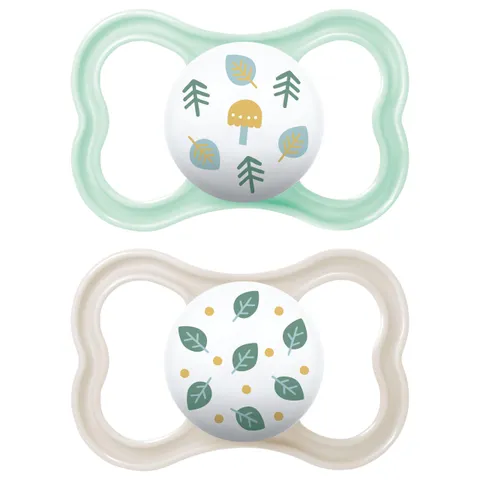 MAM Air Succhietto 6-16 Mesi (Set da 2), Ciuccio MAM 6-16 mesi per pelli sensibili e delicate, Kit da 2 accessori neonato con tettarella in silicone e porta ciuccio sterilizzatore, Azzurro/Neutro