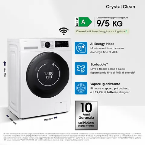 Samsung Lavasciuga Crystal Clean Slim WD90DG5G34BE, 9+5 kg, Wifi, Ecobubble, Vapore
