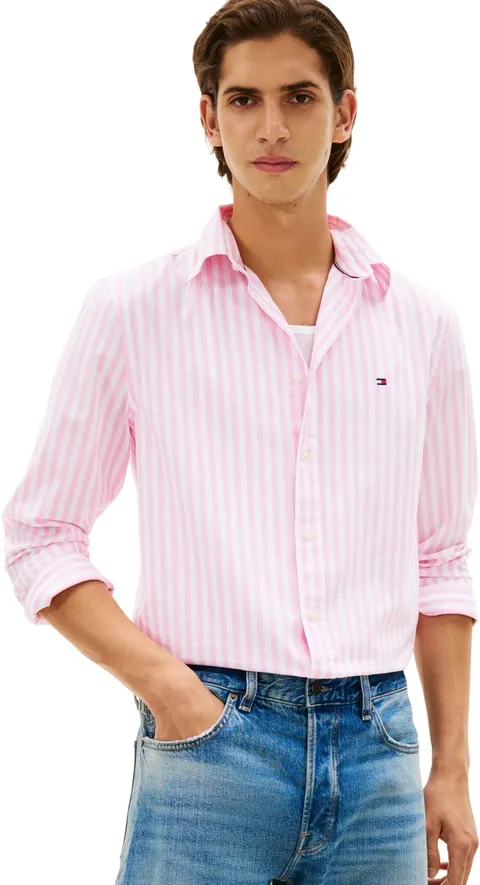 Tommy Hilfiger Uomo Camicia Flex Poplin Classic in Cotone, Rosa (Classic Pink/Stripe), XS