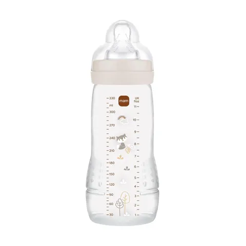 MAM Biberon Easy Active Baby Bottle 330 ml, Biberon MAM per bambini attivi ergonomico e pratico, Accessori neonato 4+ mesi per allattamento con tettarella misura 3 piatta e simmetrica, Neutro