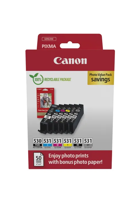 Canon PGI-530/CLI-531 PVP cartuccia d'inchiostro 6 pz Originale Nero, Ciano, Grigio, Magenta, Nero per foto, Giallo PGI-530 / CLI-531 Photo Value Pa