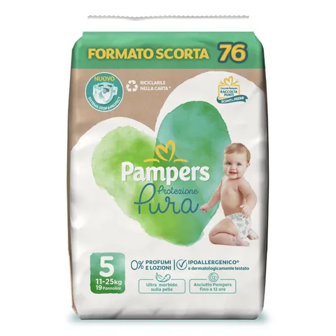 Pampers Protezione Pura, Taglia 5 (11-25 kg), Ipoallergenico, Barriera Stop&Protect, Anti-Fuoriuscite, Formato Scorta, 0% Profumo e Lozioni, Pelli Sensibili, Ultra Morbido, 76 Pannolini Bambino