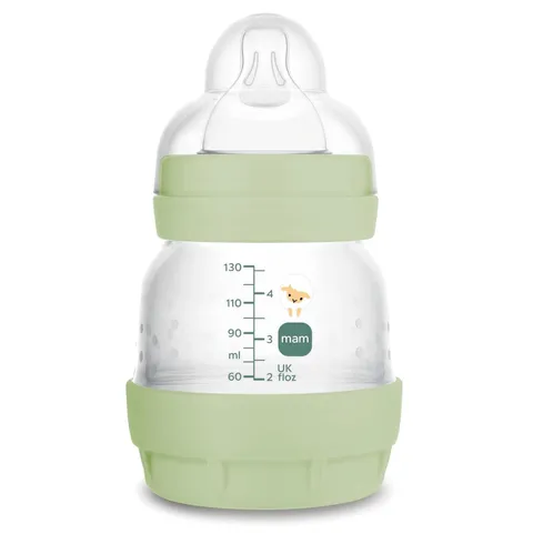 MAM Biberon Easy Start 130 ml, Biberon anticolica per allattamento misto che riduce le bolle d'aria e il rischio di coliche, Accessori neonati autosterilizzanti e con tettarella misura 0, Neutro