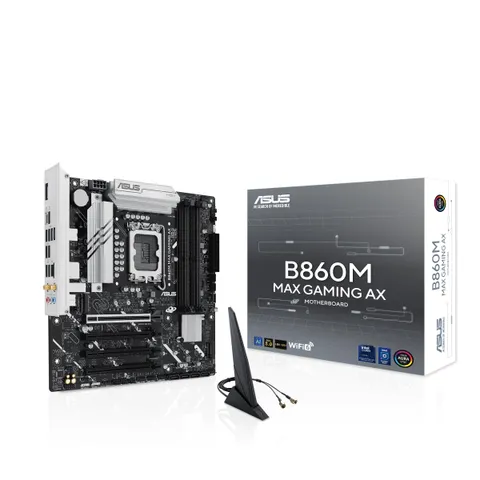 ASUS B860M MAX GAMING AX, Scheda Madre Intel mATX, 6+1+1+1 Fasi di Alimentazione, LGA 1851, Slot DDR5, PCIe 5.0x16 SafeSlot, 3 Slot M.2, WIFI 6, Ethernet Realtek 2,5Gb, DisplayPort, Aura Sync, Nera