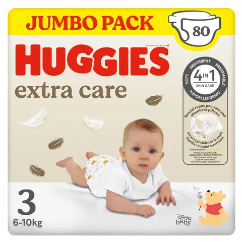 Huggies Extra Care, Pannolini Taglia 3 (6-10Kg), Ultra assorbente, Design Disney, 80 Pz